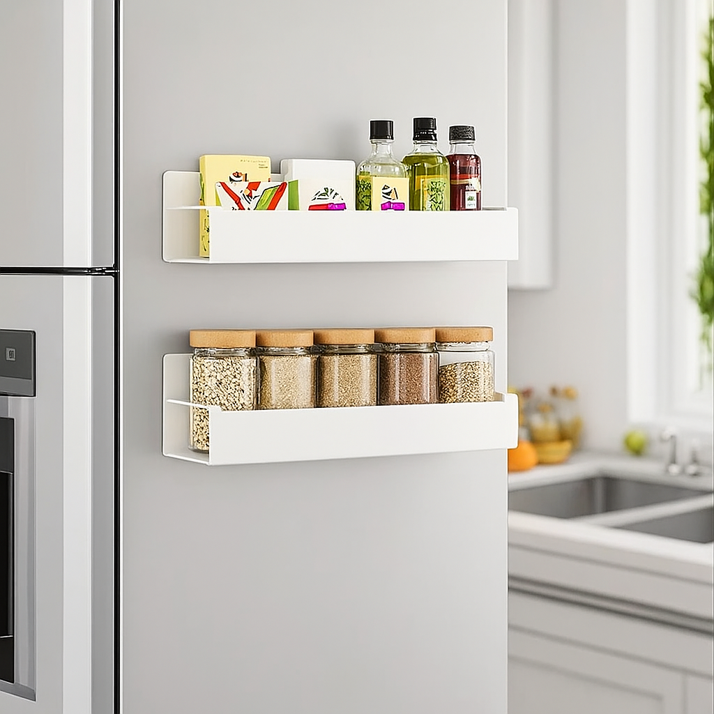 Magnetisches Seitenregal – Schwarzes Metall, Wandmontage ohne Bohren für Kühlschrank oder Waschmaschine