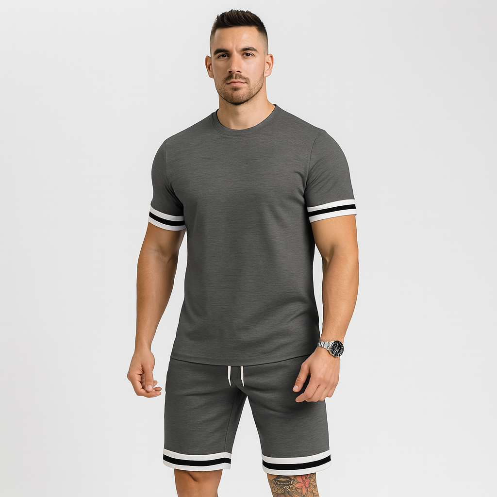 Neues lässiges 2-teiliges Herren-Set – Kurzarm-T-Shirt mit Rundhalsausschnitt und Shorts mit Kordelzug in Unifarbe