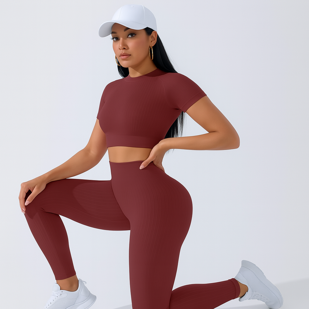 Damen Sportset 2-teilig – Kurzarm Top & High Waist Leggings für Yoga & Pilates