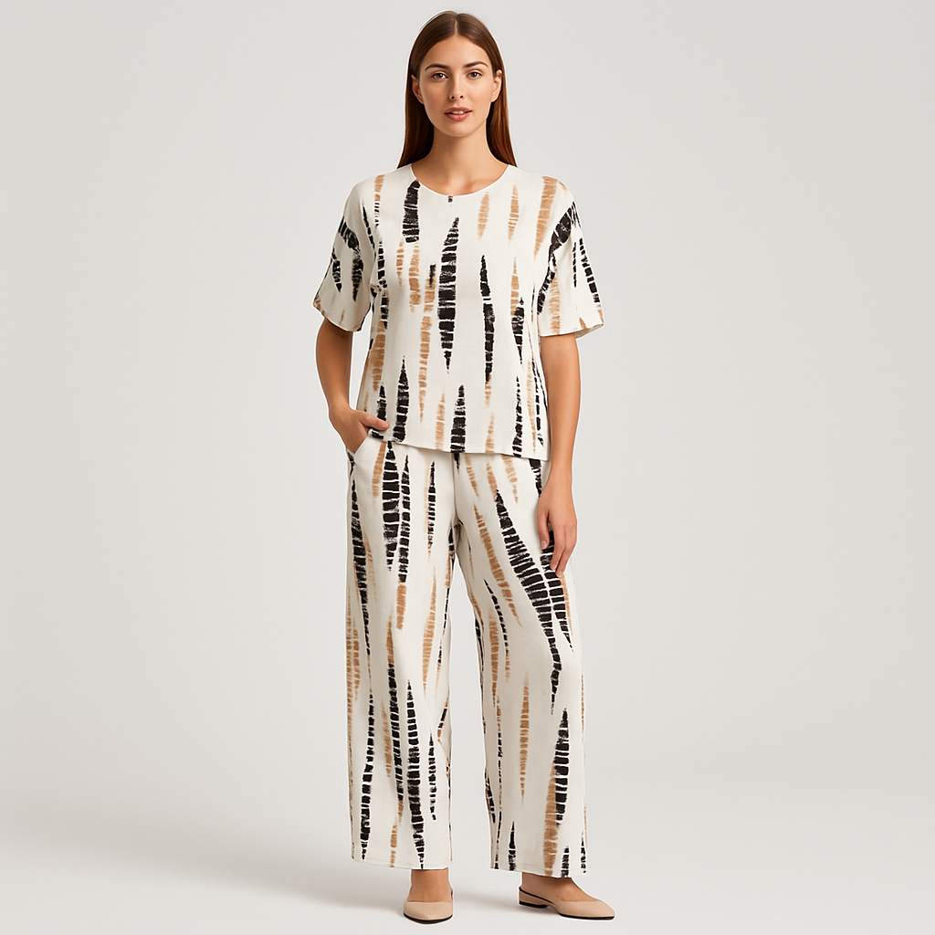 Elise Casual Zweiteiliges Set – Top mit Rundhalsausschnitt und Hose mit weitem Bein für einen mühelosen Stil