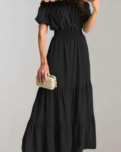 Cheena - Schulterfreies gerüschtes langes Maxikleid