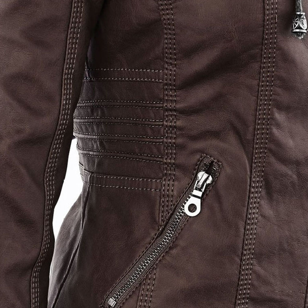 Damen Lederjacke mit Kapuze – Stylische Bikerjacke in Braun mit Reißverschluss und Details