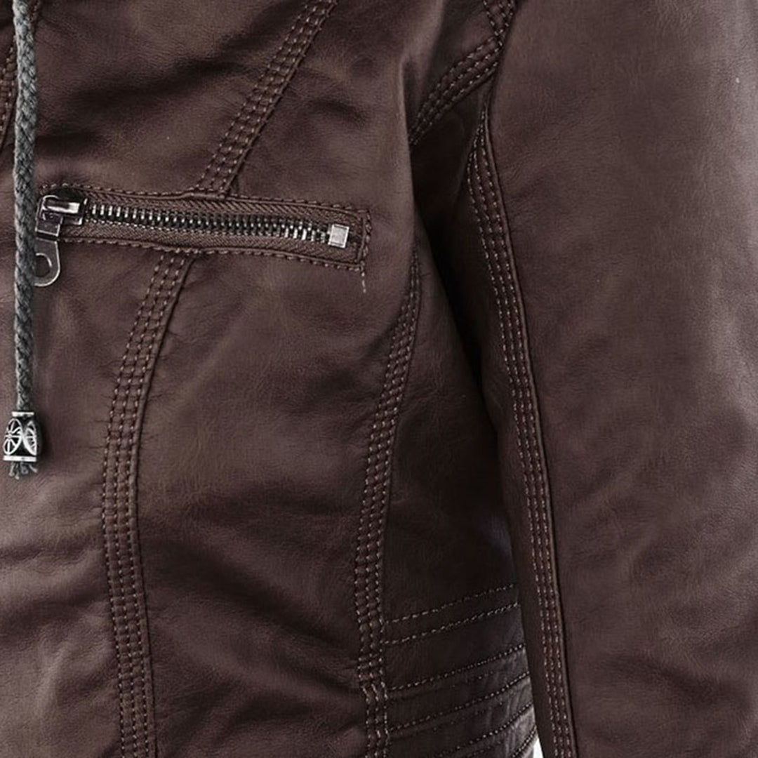 Damen Lederjacke mit Kapuze – Stylische Bikerjacke in Braun mit Reißverschluss und Details