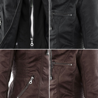 Damen Lederjacke mit Kapuze – Stylische Bikerjacke in Braun mit Reißverschluss und Details
