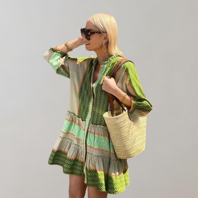 Eliana - Bohemian Minikleid Damen | Buntes Patchwork Damenkleid | verfügt über einen Knopfverschluss vorne