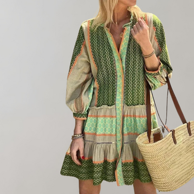 Eliana - Bohemian Minikleid Damen | Buntes Patchwork Damenkleid | verfügt über einen Knopfverschluss vorne