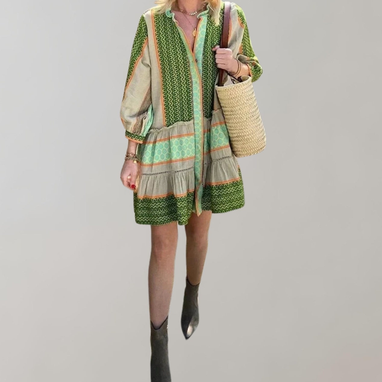 Eliana - Bohemian Minikleid Damen | Buntes Patchwork Damenkleid | verfügt über einen Knopfverschluss vorne