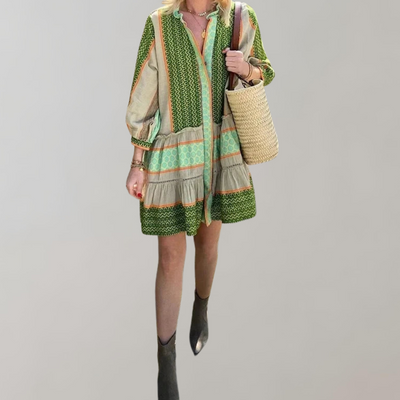 Eliana - Bohemian Minikleid Damen | Buntes Patchwork Damenkleid | verfügt über einen Knopfverschluss vorne