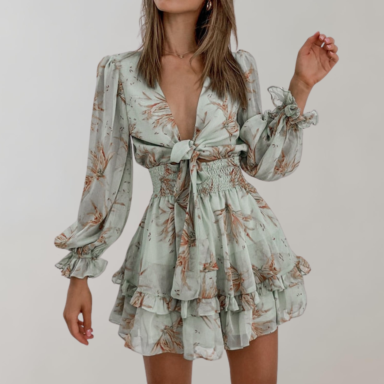 Audrey - Über dem Knie Minikleid Damen | Kleid mit langen Puffärmeln | geblümtes Minikleid mit langen Ärmeln