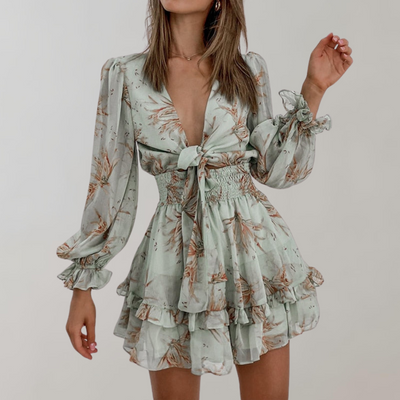 Audrey - Über dem Knie Minikleid Damen | Kleid mit langen Puffärmeln | geblümtes Minikleid mit langen Ärmeln