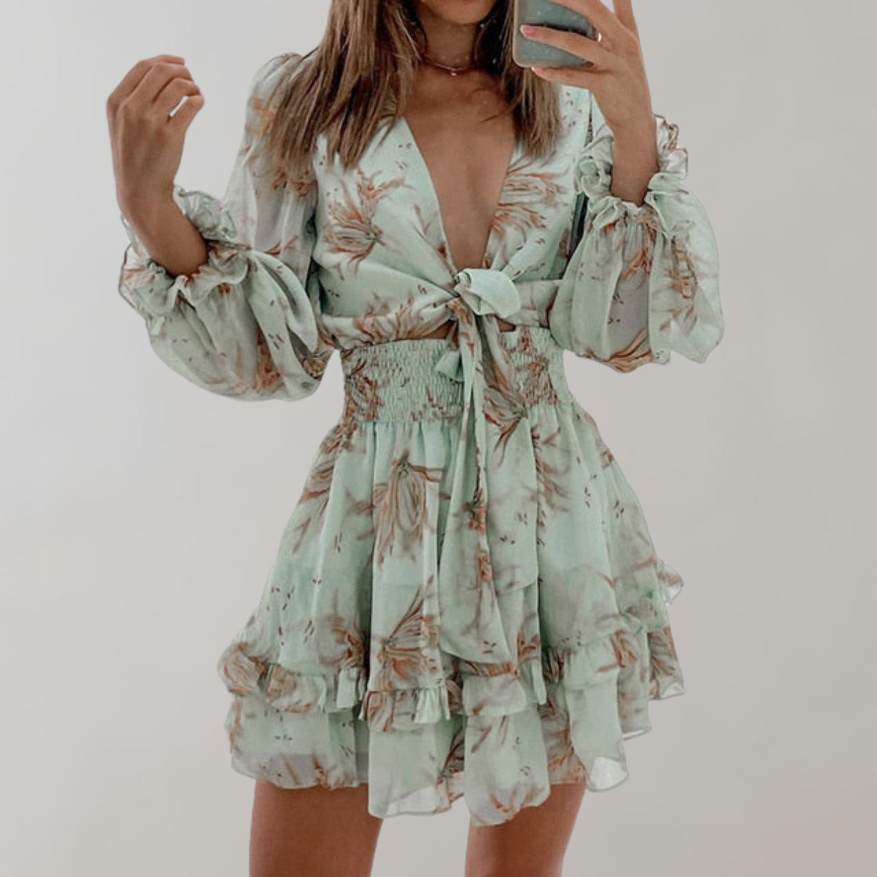 Audrey - Über dem Knie Minikleid Damen | Kleid mit langen Puffärmeln | geblümtes Minikleid mit langen Ärmeln