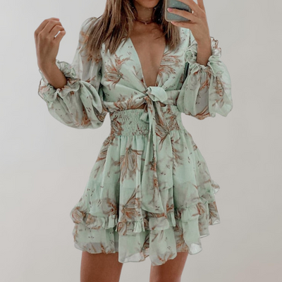 Audrey - Über dem Knie Minikleid Damen | Kleid mit langen Puffärmeln | geblümtes Minikleid mit langen Ärmeln