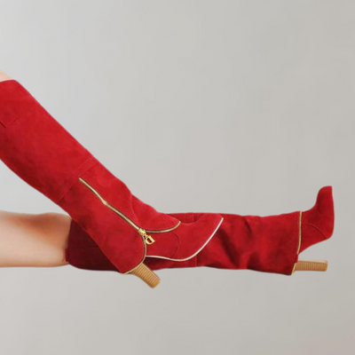 Overknee-Stiefel Damen mit Absatz und Reißverschluss – Hohe Stiefel in Rot und Schwarz