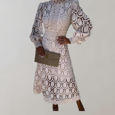 Liah - Midikleid mit hohem Halsausschnitt und Spitzendetails | Kleid mit Puffärmeln und taillierten Bündchen