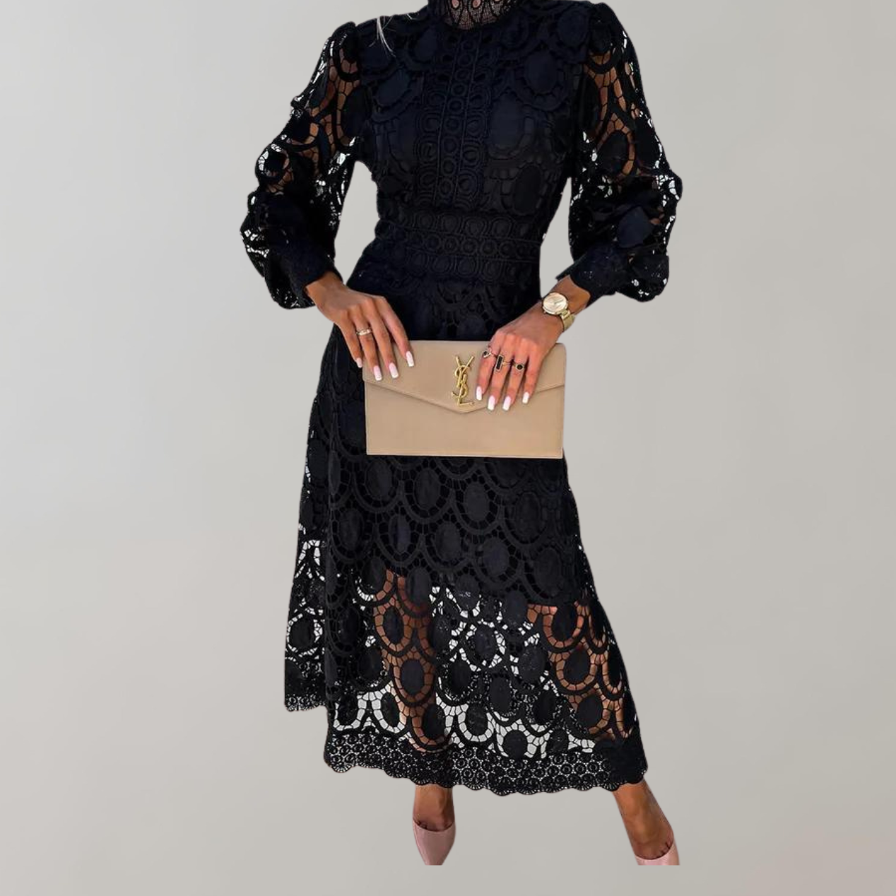 Liah - Midikleid mit hohem Halsausschnitt und Spitzendetails | Kleid mit Puffärmeln und taillierten Bündchen