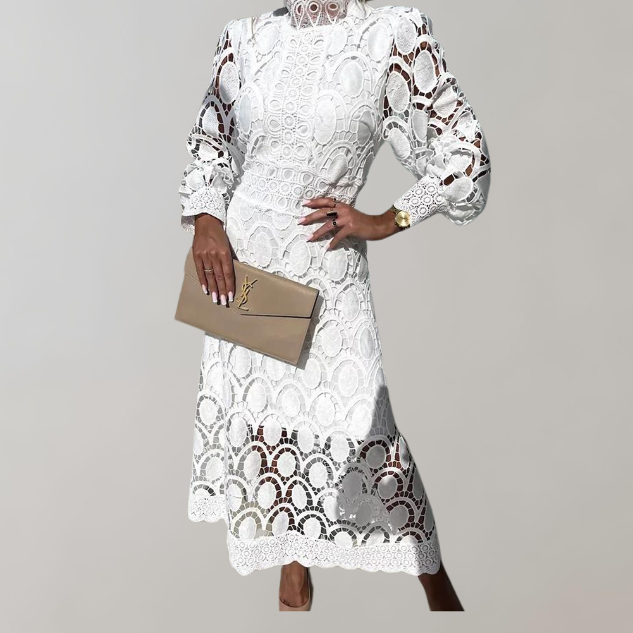 Liah - Midikleid mit hohem Halsausschnitt und Spitzendetails | Kleid mit Puffärmeln und taillierten Bündchen