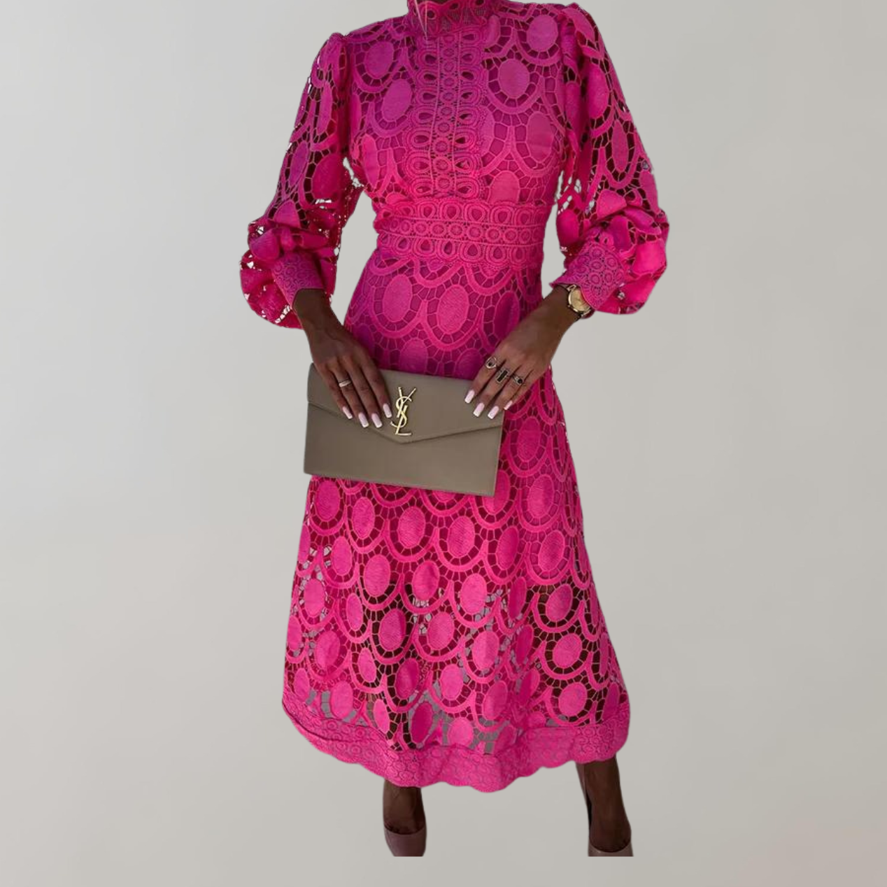 Liah - Midikleid mit hohem Halsausschnitt und Spitzendetails | Kleid mit Puffärmeln und taillierten Bündchen