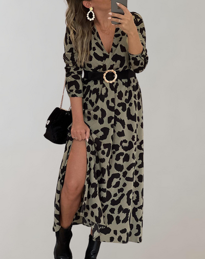 Margaret - Maxikleid mit Taillengürtel | Kleid mit Leopardenmuster QDfür Damen