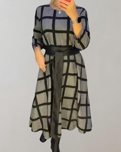 Fiona - Midikleid mit Gittermuster | modernes kariertes Kleid für Damen | Großes kariertes Abendkleid