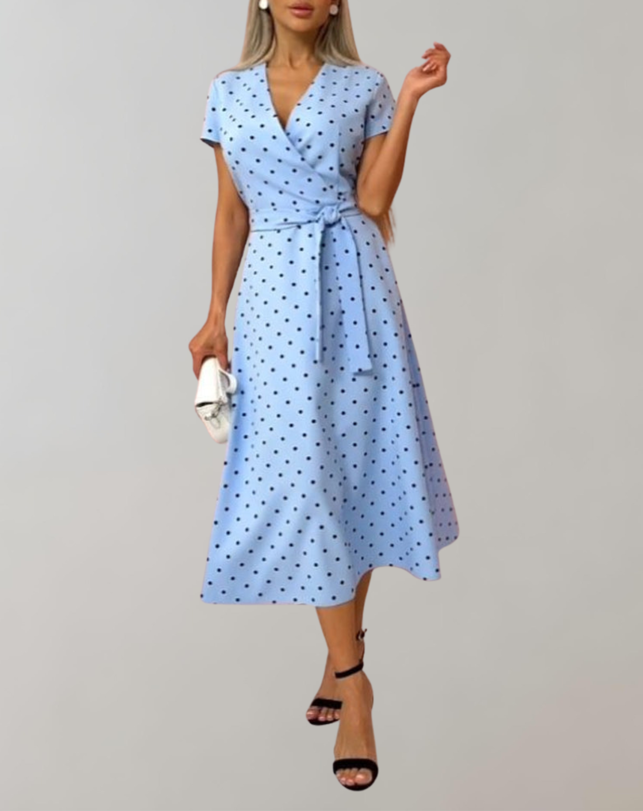 Gabriella - Hellblaues Midikleid mit schwarzen Punkten | Kleid im Retro-Wickeldesign