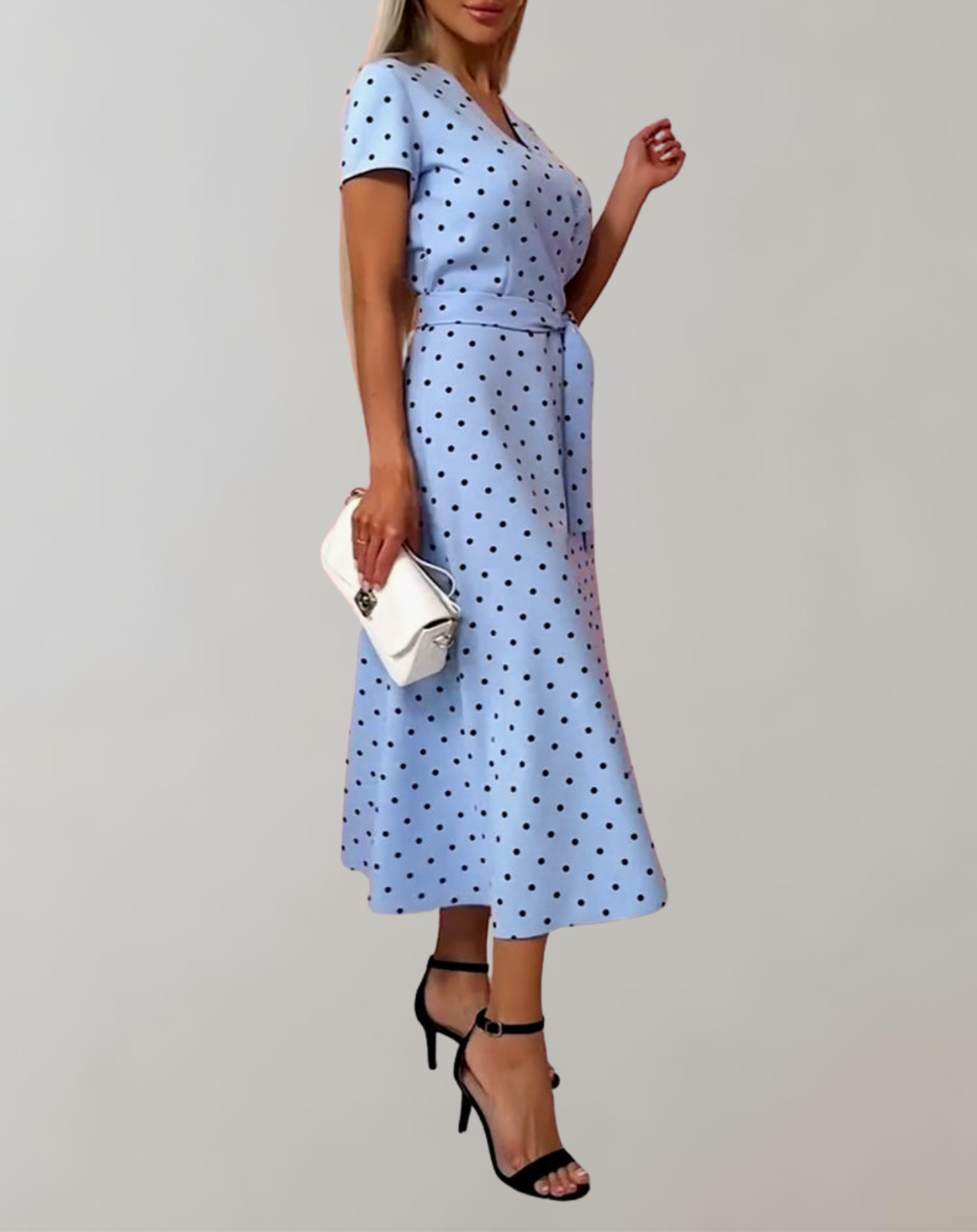 Gabriella - Hellblaues Midikleid mit schwarzen Punkten | Kleid im Retro-Wickeldesign