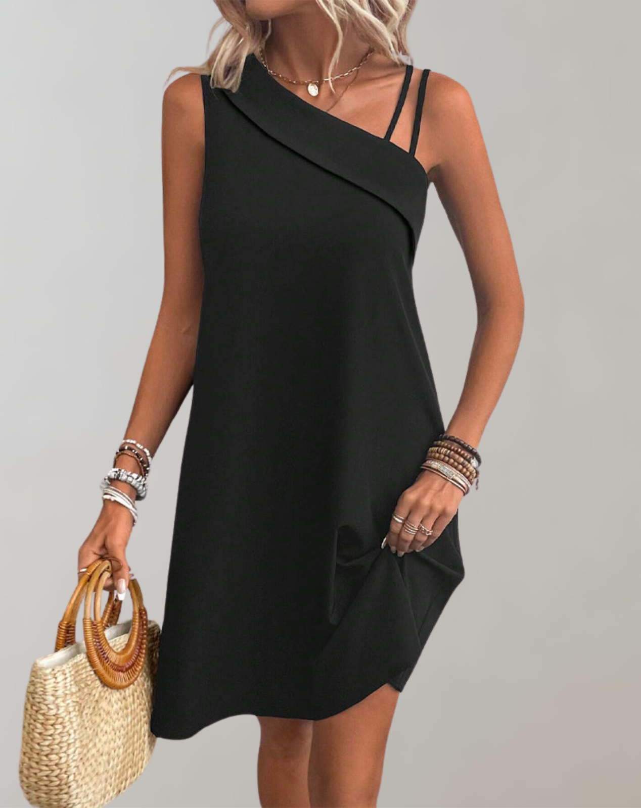 Aurora - Asymmetrisches Kleid mit One-Shoulder-Design für Damen | Midikleid mit einseitigem Doppelriemen