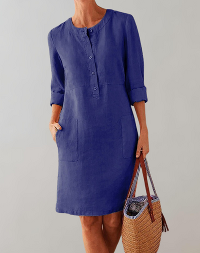 Thelya - Leinenhemdkleid kragenlos Damen | Knopfverschluss verleiht ein klassisches Minikleid