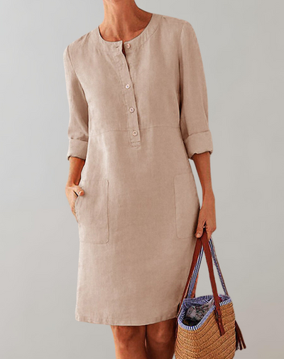 Thelya - Leinenhemdkleid kragenlos Damen | Knopfverschluss verleiht ein klassisches Minikleid