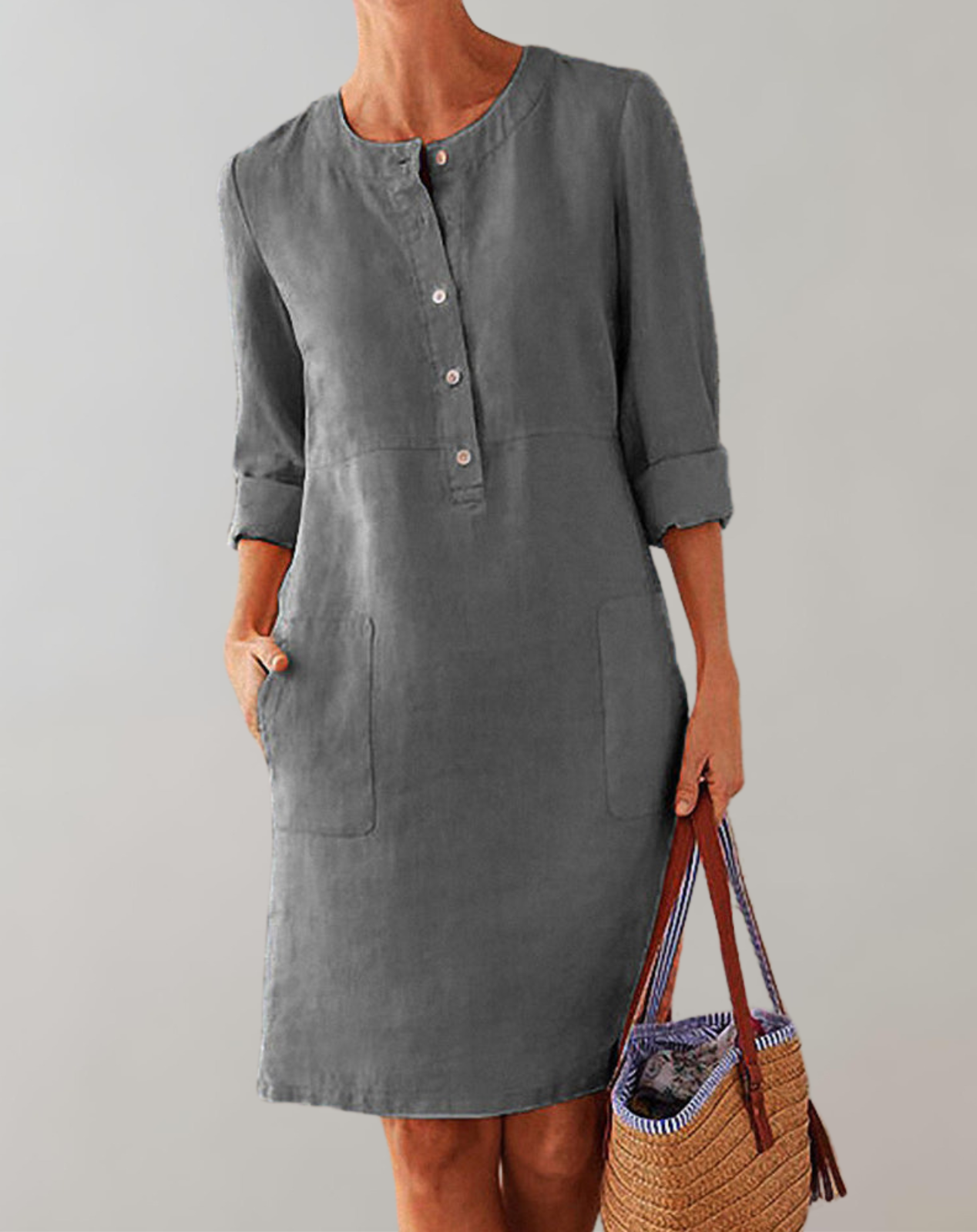Thelya - Leinenhemdkleid kragenlos Damen | Knopfverschluss verleiht ein klassisches Minikleid