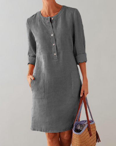 Thelya - Leinenhemdkleid kragenlos Damen | Knopfverschluss verleiht ein klassisches Minikleid