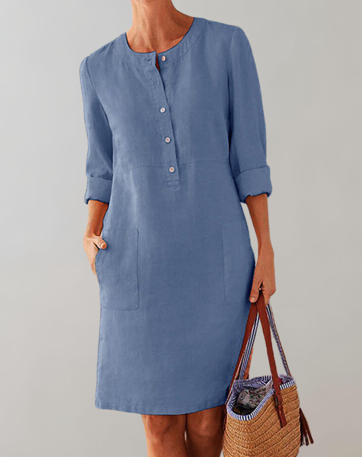 Thelya - Leinenhemdkleid kragenlos Damen | Knopfverschluss verleiht ein klassisches Minikleid