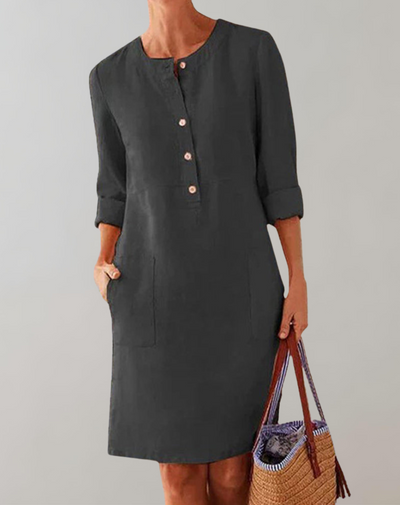 Thelya - Leinenhemdkleid kragenlos Damen | Knopfverschluss verleiht ein klassisches Minikleid