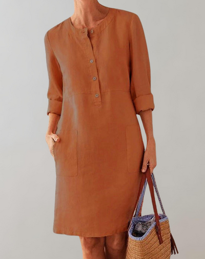 Thelya - Leinenhemdkleid kragenlos Damen | Knopfverschluss verleiht ein klassisches Minikleid