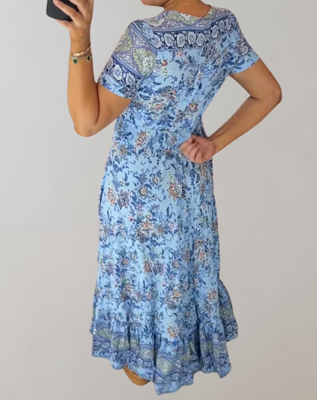 Marsha - Maxikleid mit V-Ausschnitt und Blumenmuster im Bohemian-Stil | Kurzärmliges Maxikleid mit Blumendruck für den Sommer