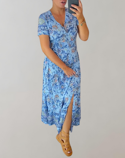 Marsha - Maxikleid mit V-Ausschnitt und Blumenmuster im Bohemian-Stil | Kurzärmliges Maxikleid mit Blumendruck für den Sommer