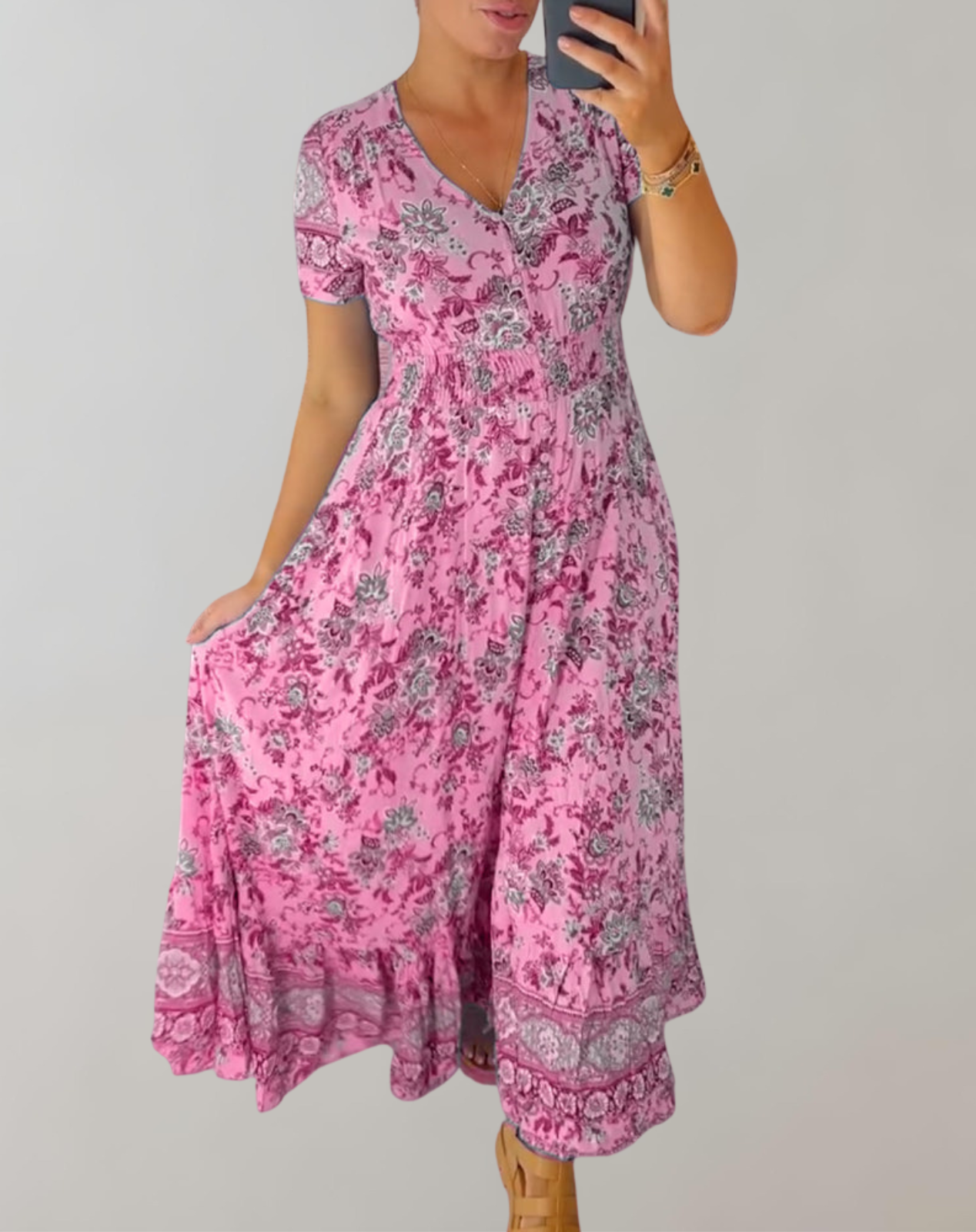 Marsha - Maxikleid mit V-Ausschnitt und Blumenmuster im Bohemian-Stil | Kurzärmliges Maxikleid mit Blumendruck für den Sommer