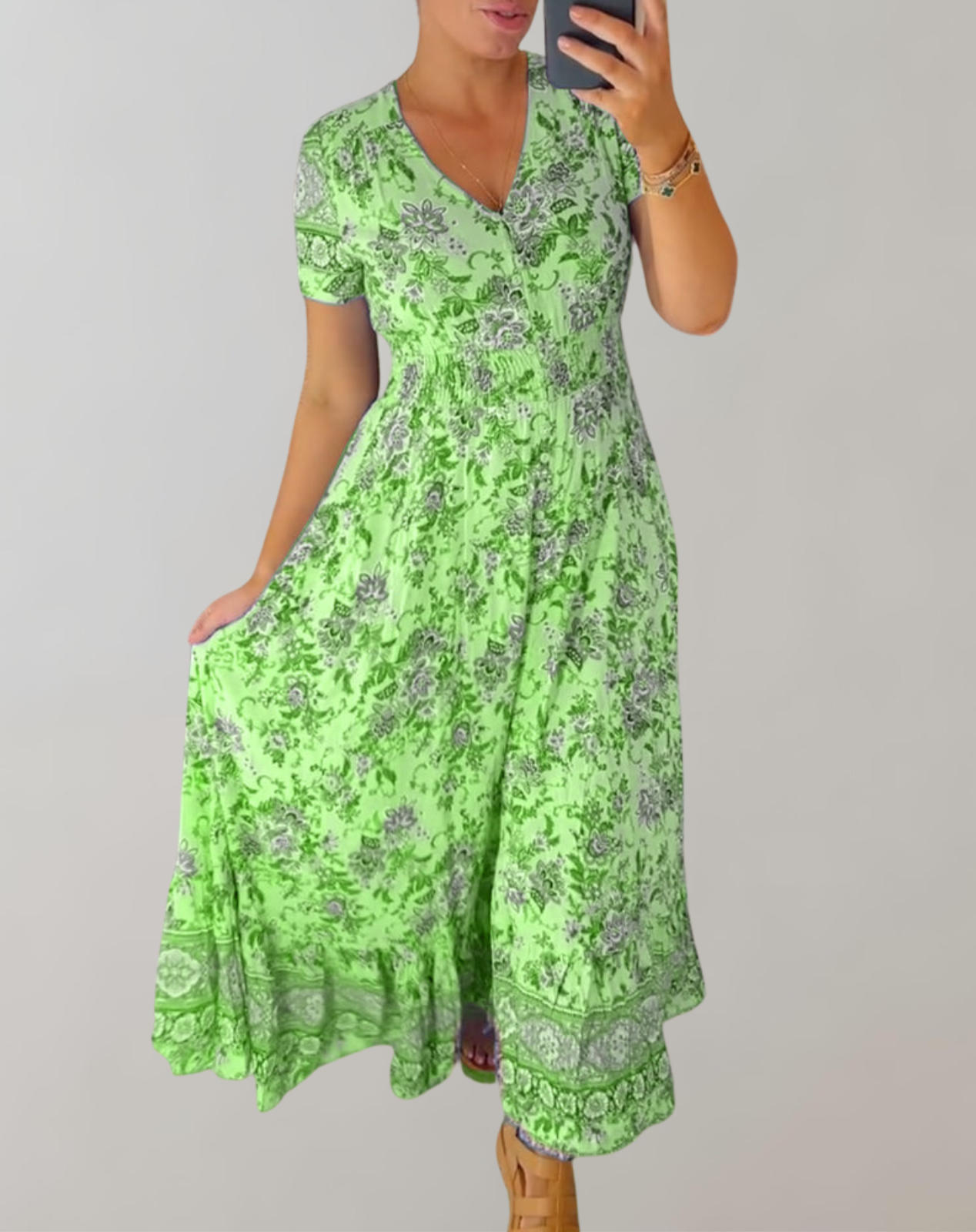 Marsha - Maxikleid mit V-Ausschnitt und Blumenmuster im Bohemian-Stil | Kurzärmliges Maxikleid mit Blumendruck für den Sommer