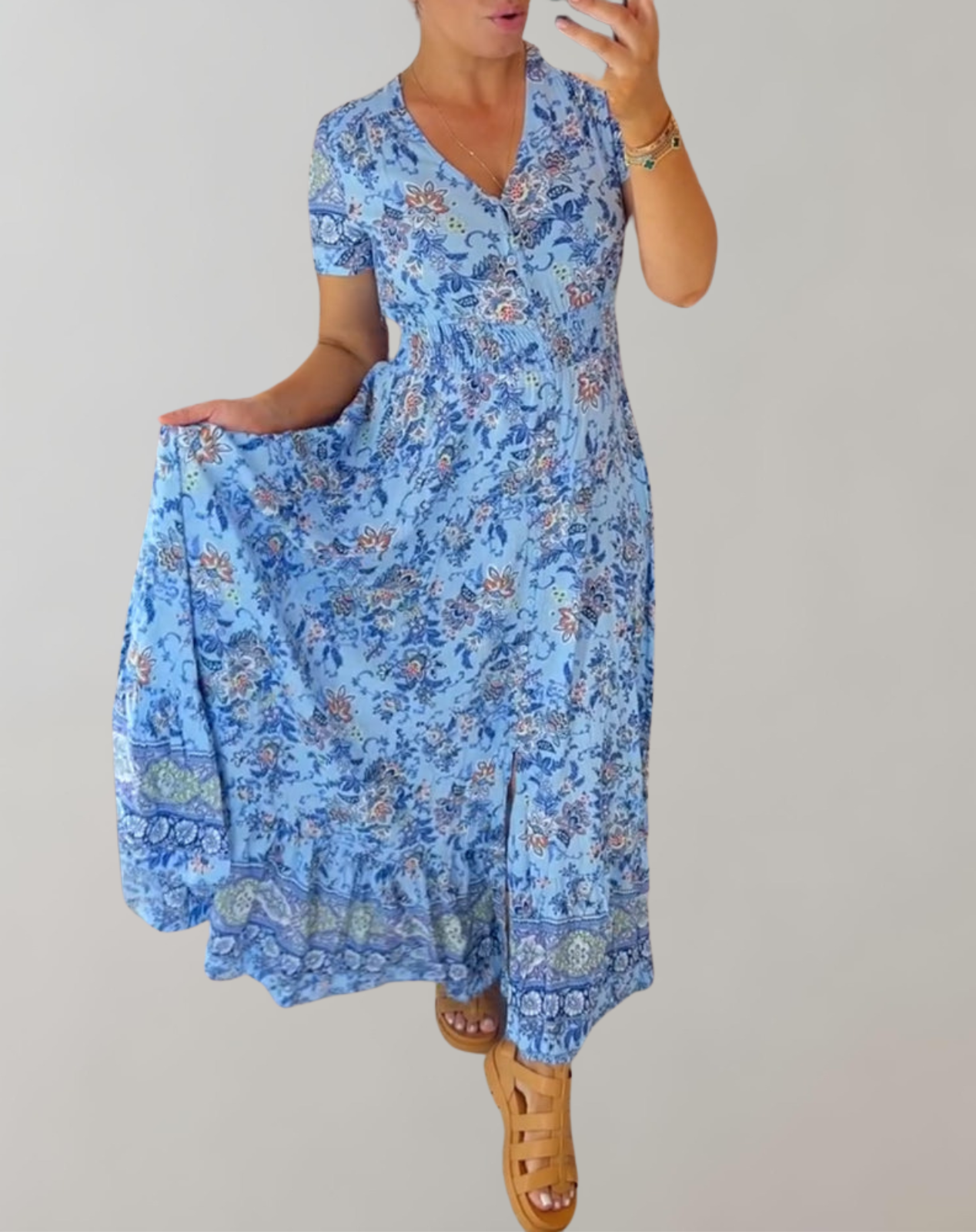 Marsha - Maxikleid mit V-Ausschnitt und Blumenmuster im Bohemian-Stil | Kurzärmliges Maxikleid mit Blumendruck für den Sommer