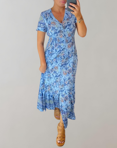 Marsha - Maxikleid mit V-Ausschnitt und Blumenmuster im Bohemian-Stil | Kurzärmliges Maxikleid mit Blumendruck für den Sommer