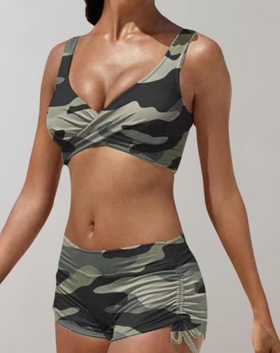 Filma - Bedruckter Wickelbikini mit Boyshort-Hose | High-Waist-Bikini mit Crisscross-Oberteil