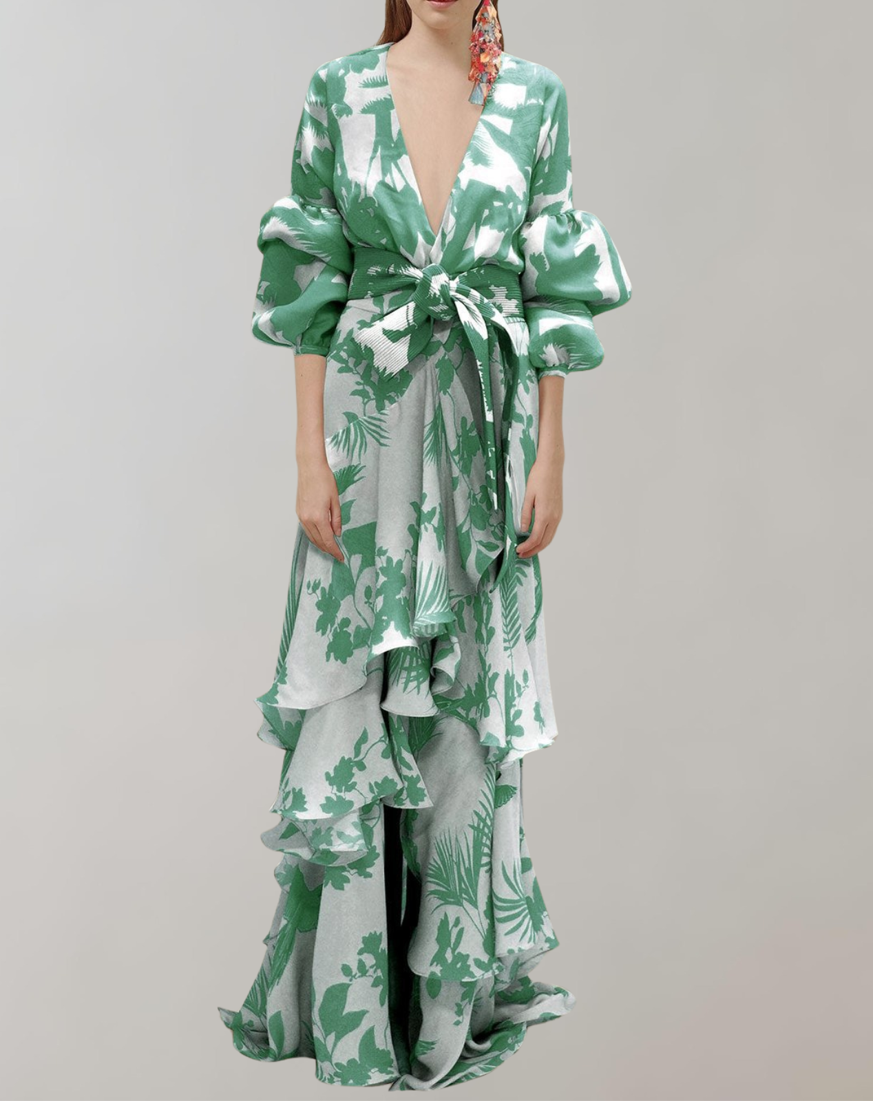 Benet - Maxikleid bedruckt | Taillenbundkleid mit Puffärmeln | Gehäkeltes Maxikleid