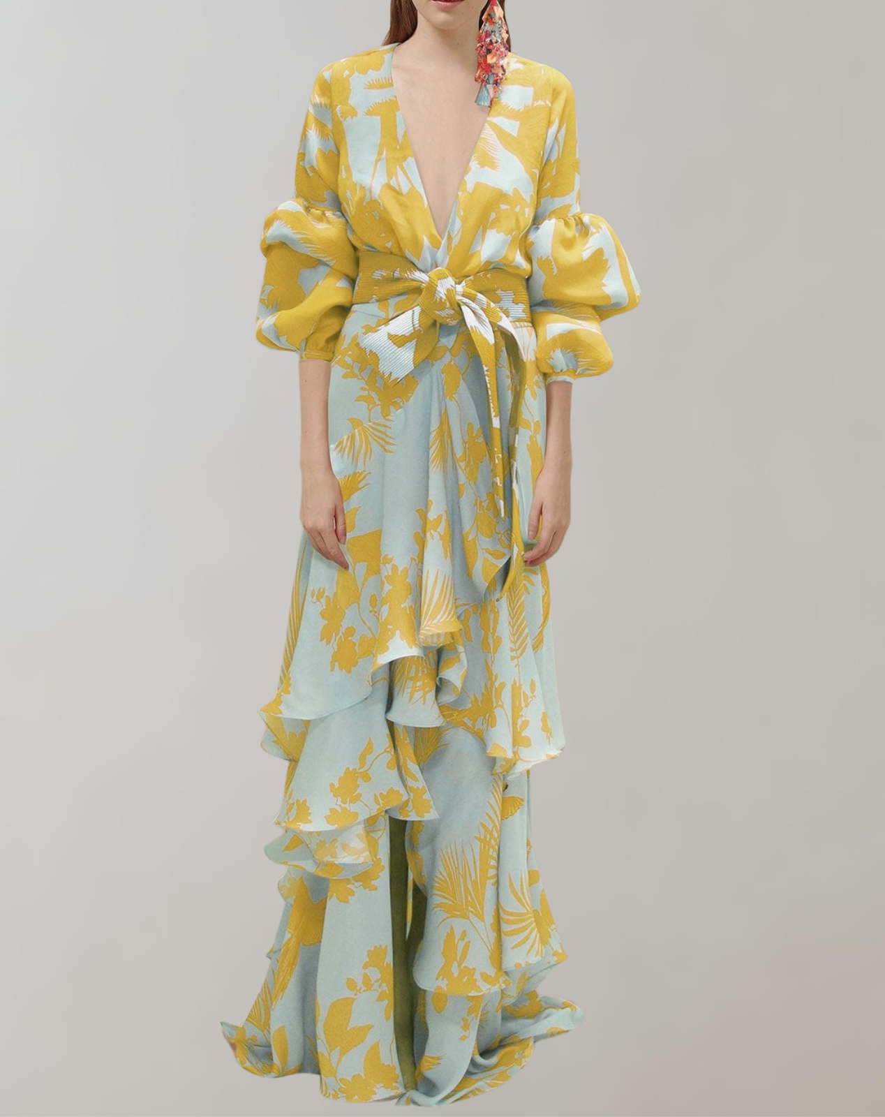 Benet - Maxikleid bedruckt | Taillenbundkleid mit Puffärmeln | Gehäkeltes Maxikleid