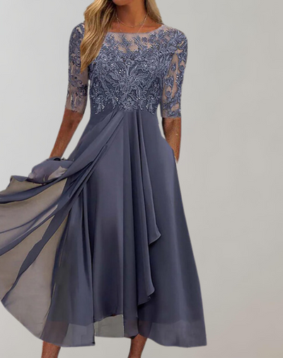 Shara - Abendkleid für Damen | Kleid mit Blumenstickerei | Kleid mit gefaltetem Saum