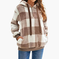 Damen Kapuzen pullover mit Karo-Muster Kängurutasche in Beige