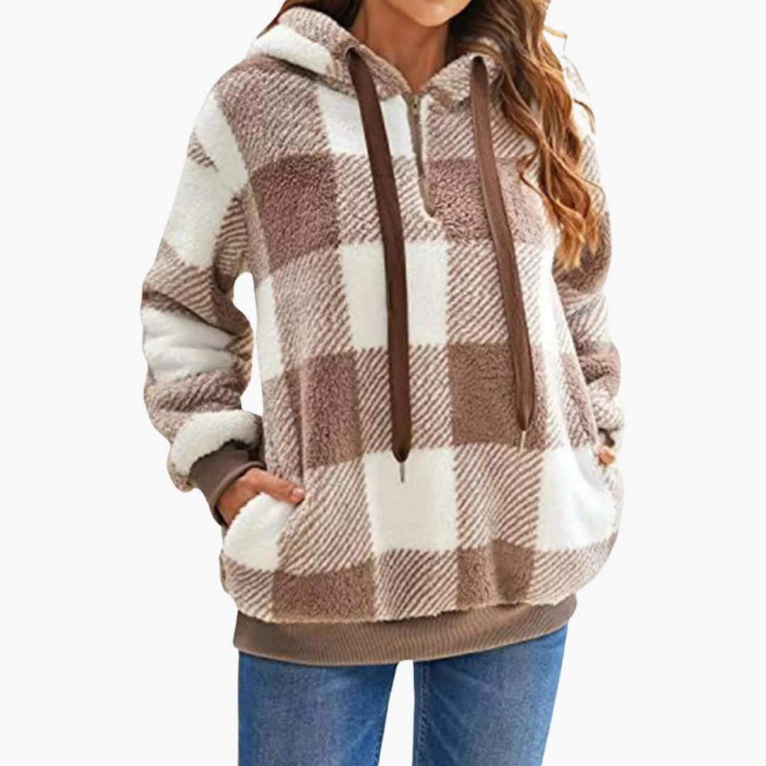 Damen Kapuzen pullover mit Karo-Muster Kängurutasche
