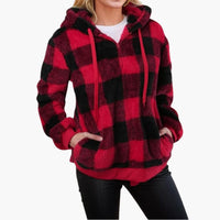 Damen Kapuzen pullover mit Karo-Muster Kängurutasche in Rot
