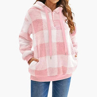 Damen Kapuzen pullover mit Karo-Muster Kängurutasche in Rosa