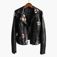 Damen Bikerjacke mit Blumenstickerei und Nieten-Details in Schwarz