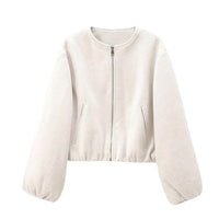 Damen Bomberjacke mit durchgehendem Reißverschluss und langen Ärmeln in Beige