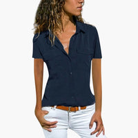 Damen Hemd Mit Knopfleiste Kurzarm Sommerbluse in Marineblau